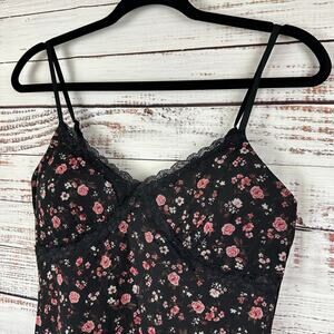 Womens Y2K No Boundaries Black Ditsy Floral Mesh Lace Cami Mini Dress Fairy Sz M